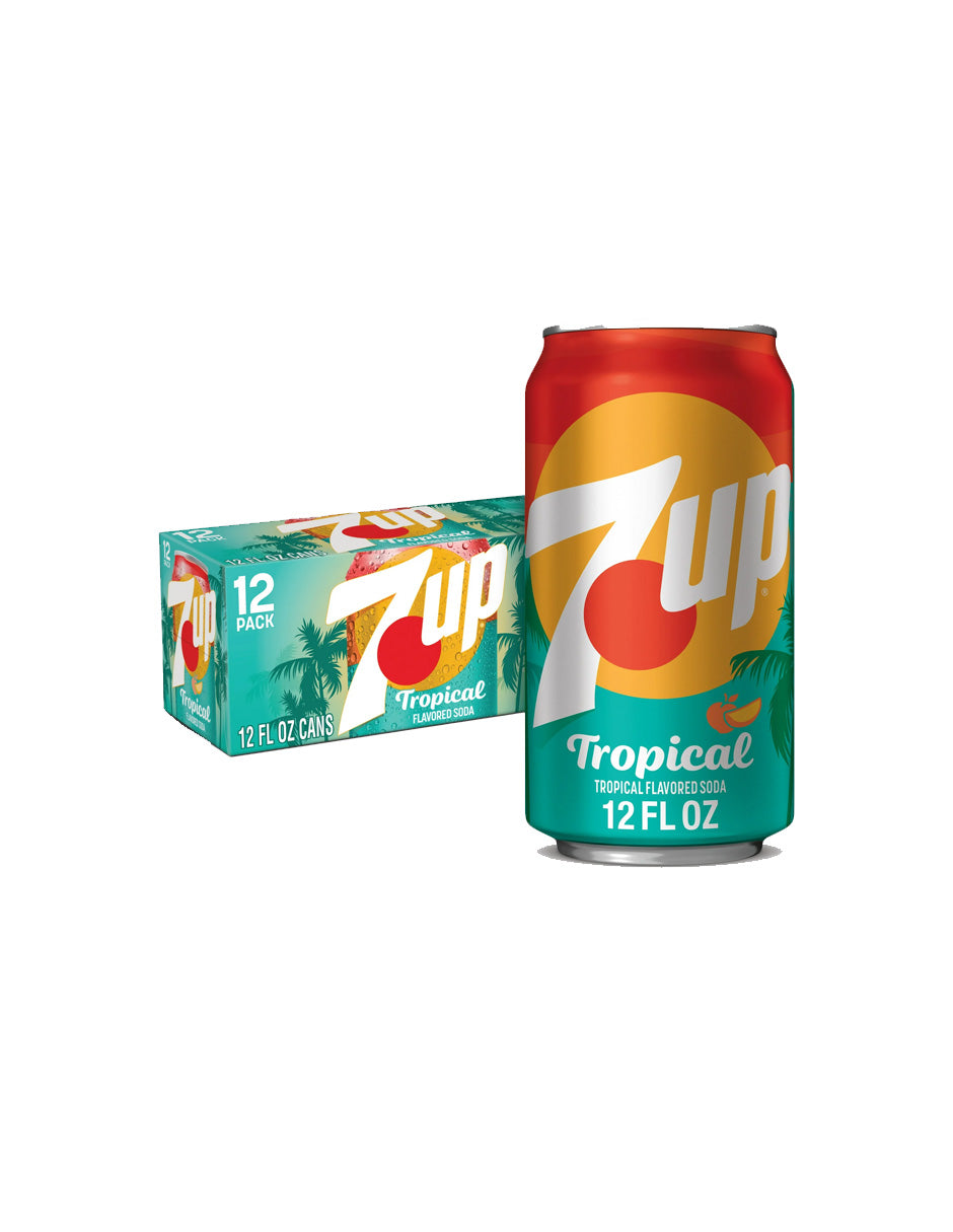 7UP Tropical Refresco de Melocotón, Mango, Lima y Limón sin Cafeína, 12 pack (variedad)