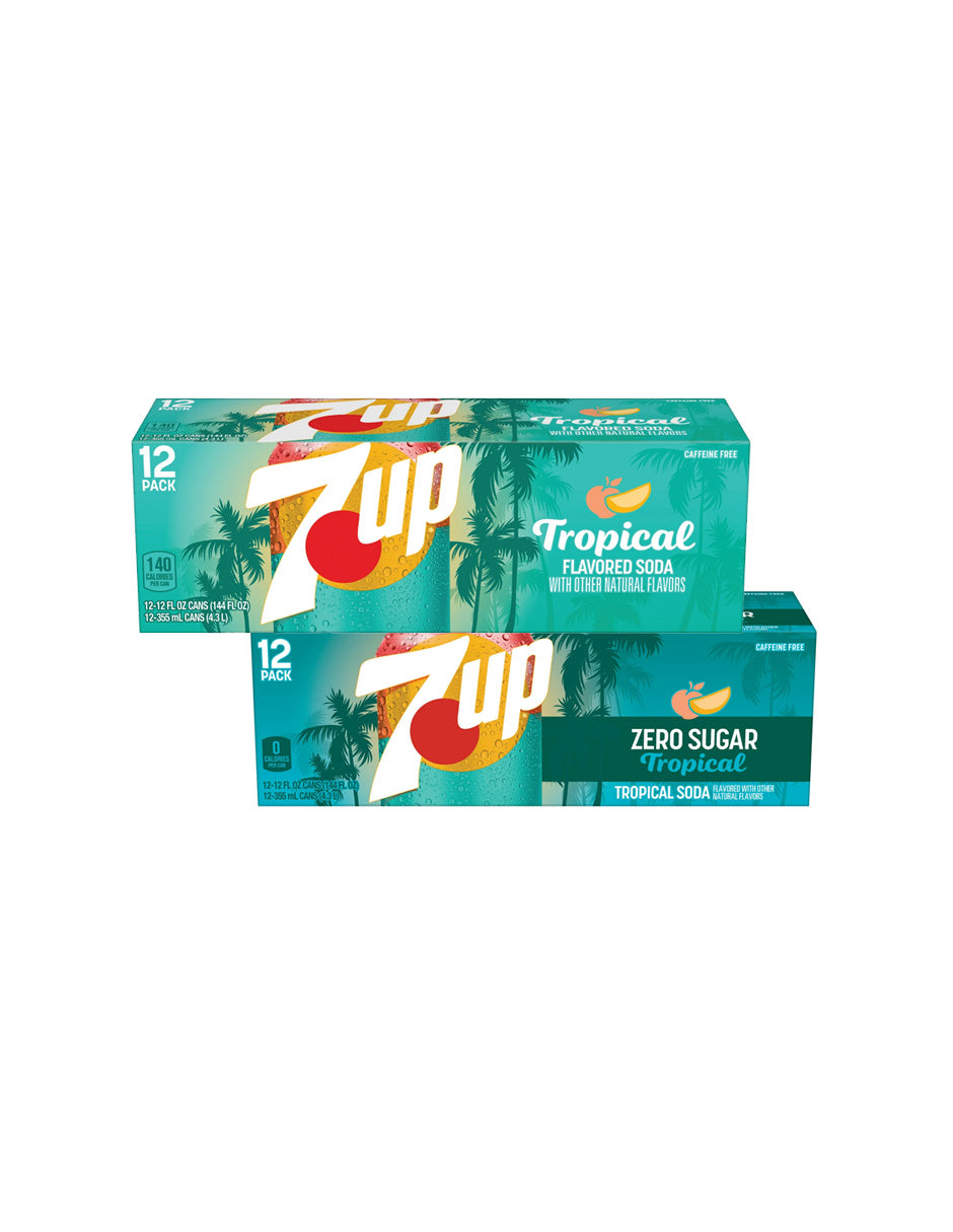 7UP Tropical Refresco de Melocotón, Mango, Lima y Limón sin Cafeína, 12 pack (variedad)
