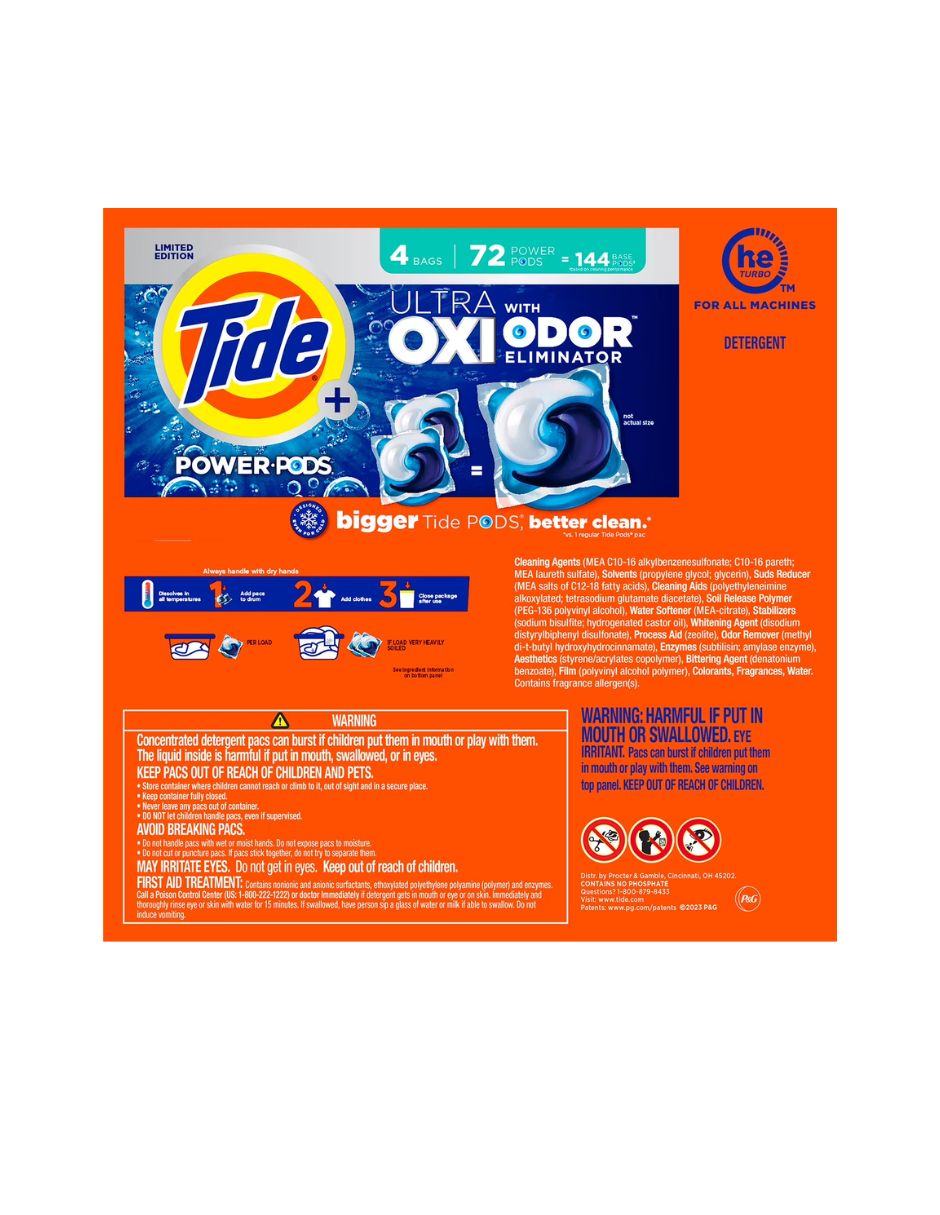 Cápsulas Detergente Tide Power PODS Ultra OXI 72 Piezas