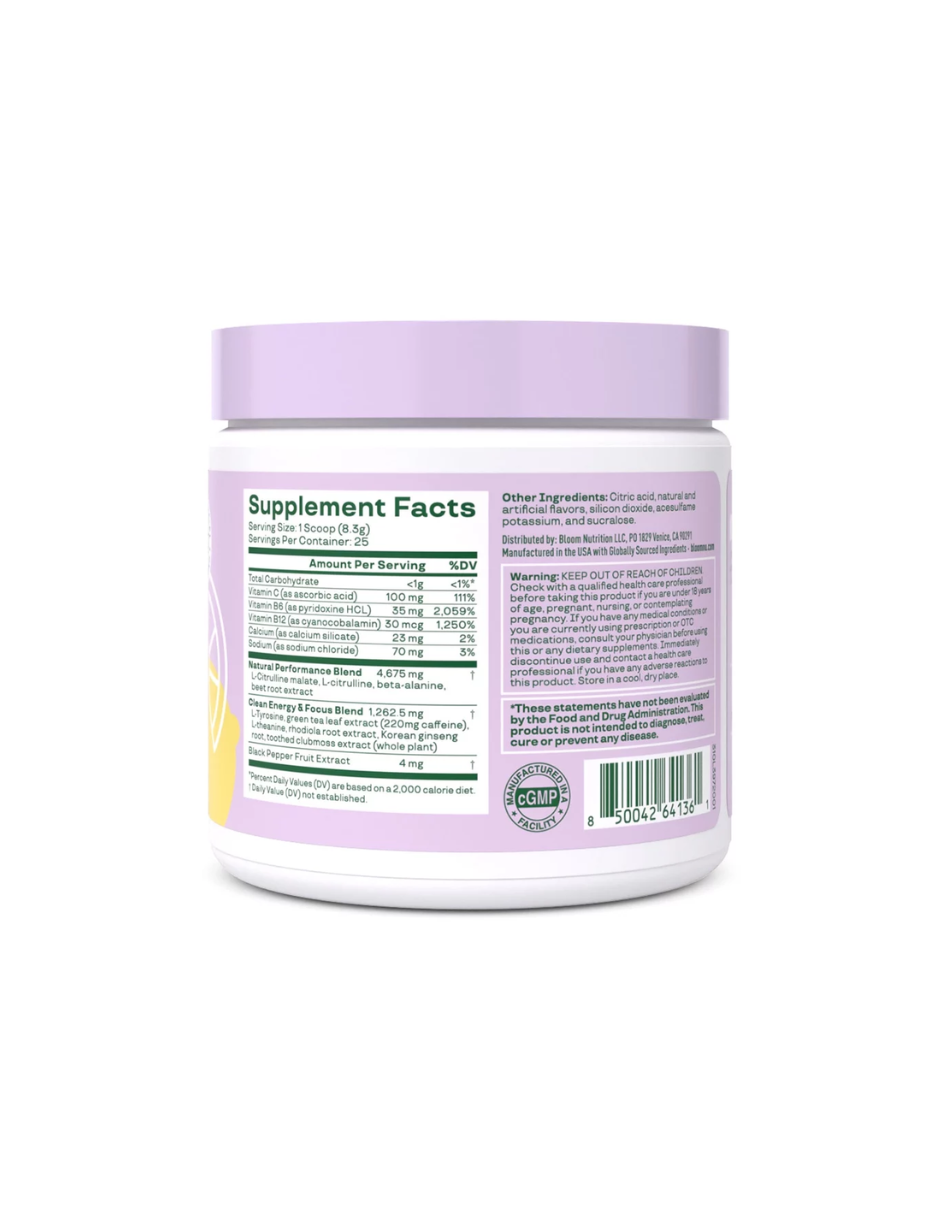 Bloom Nutrition Pre-entrenamiento de alta energía, limonada de frambuesa, 25 porciones