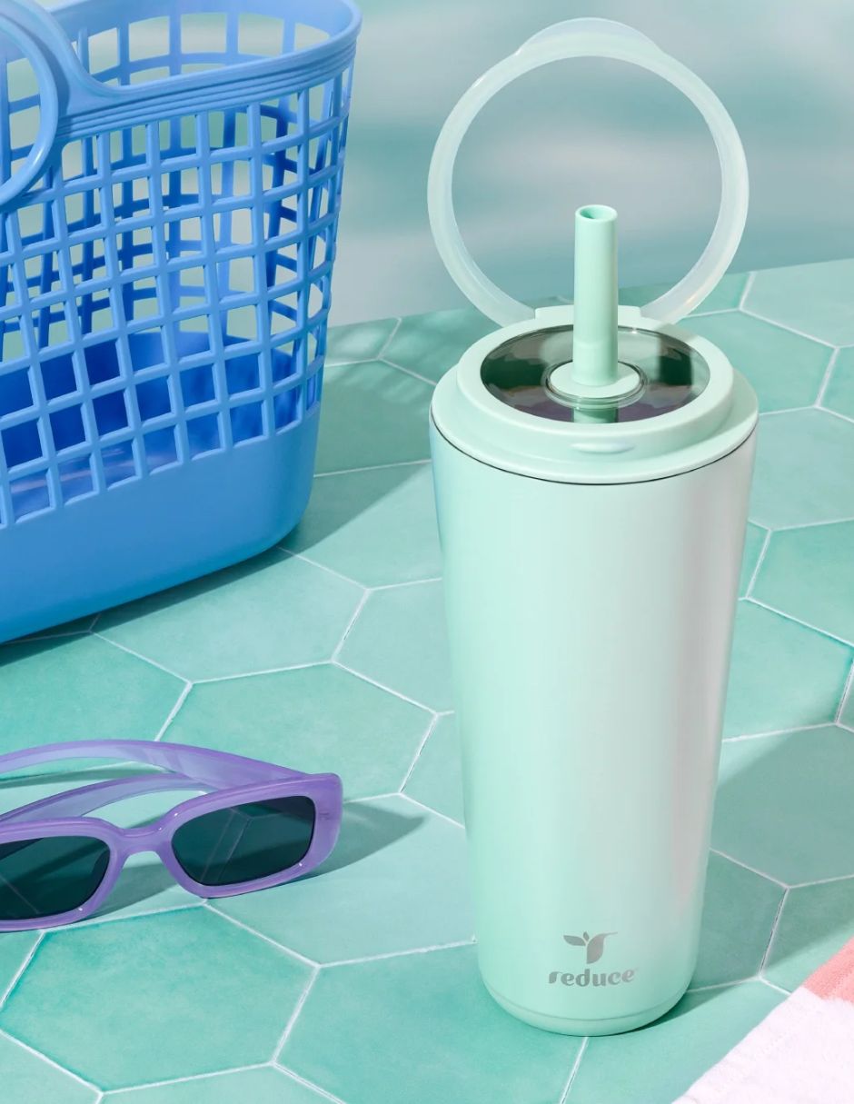 Vaso Reduce Halo 894 ml antiderrames con asa y popote, acero inoxidable