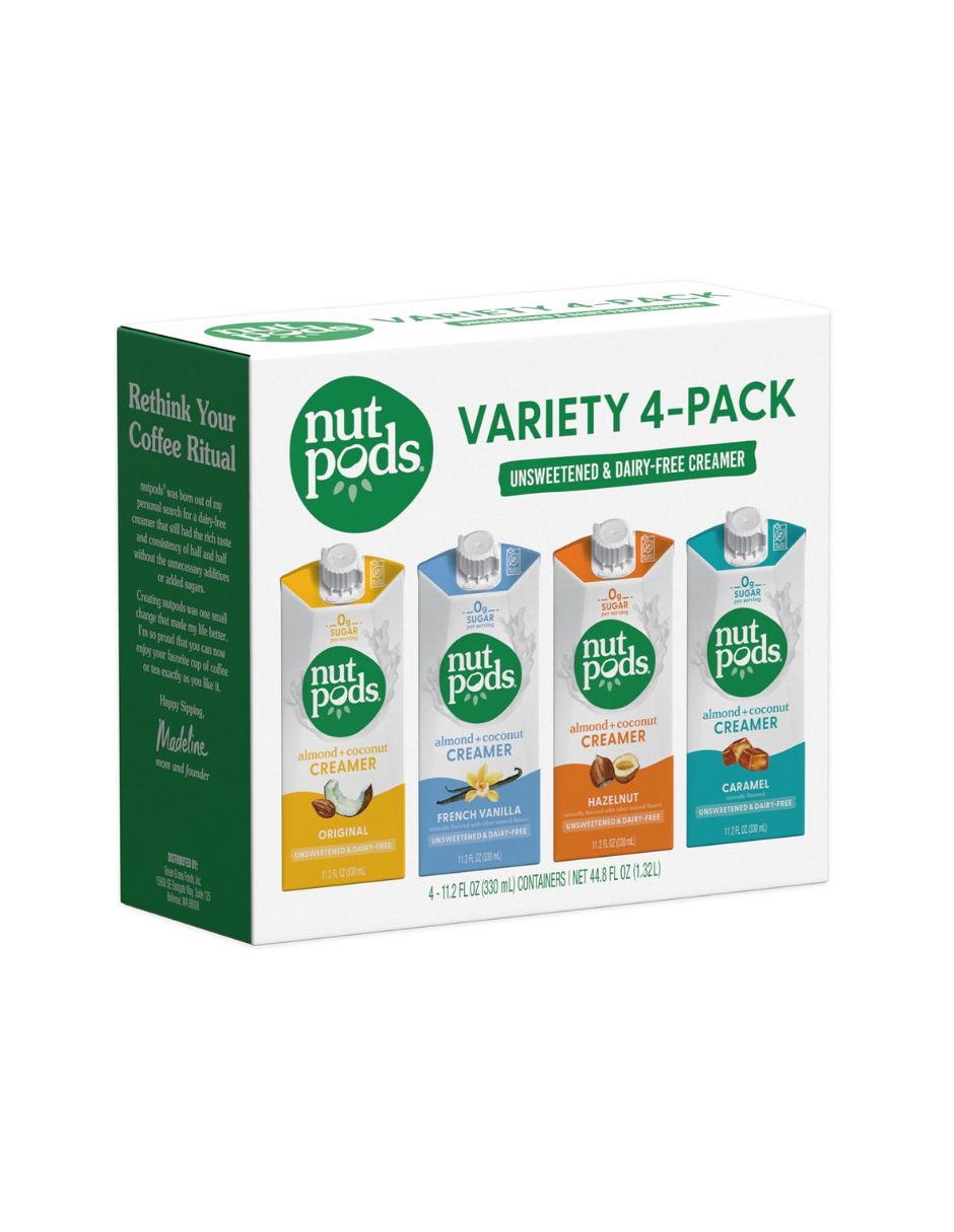 Crema para café nutpods sin azúcar sabores original, vainilla, avellana y caramelo 4 pack