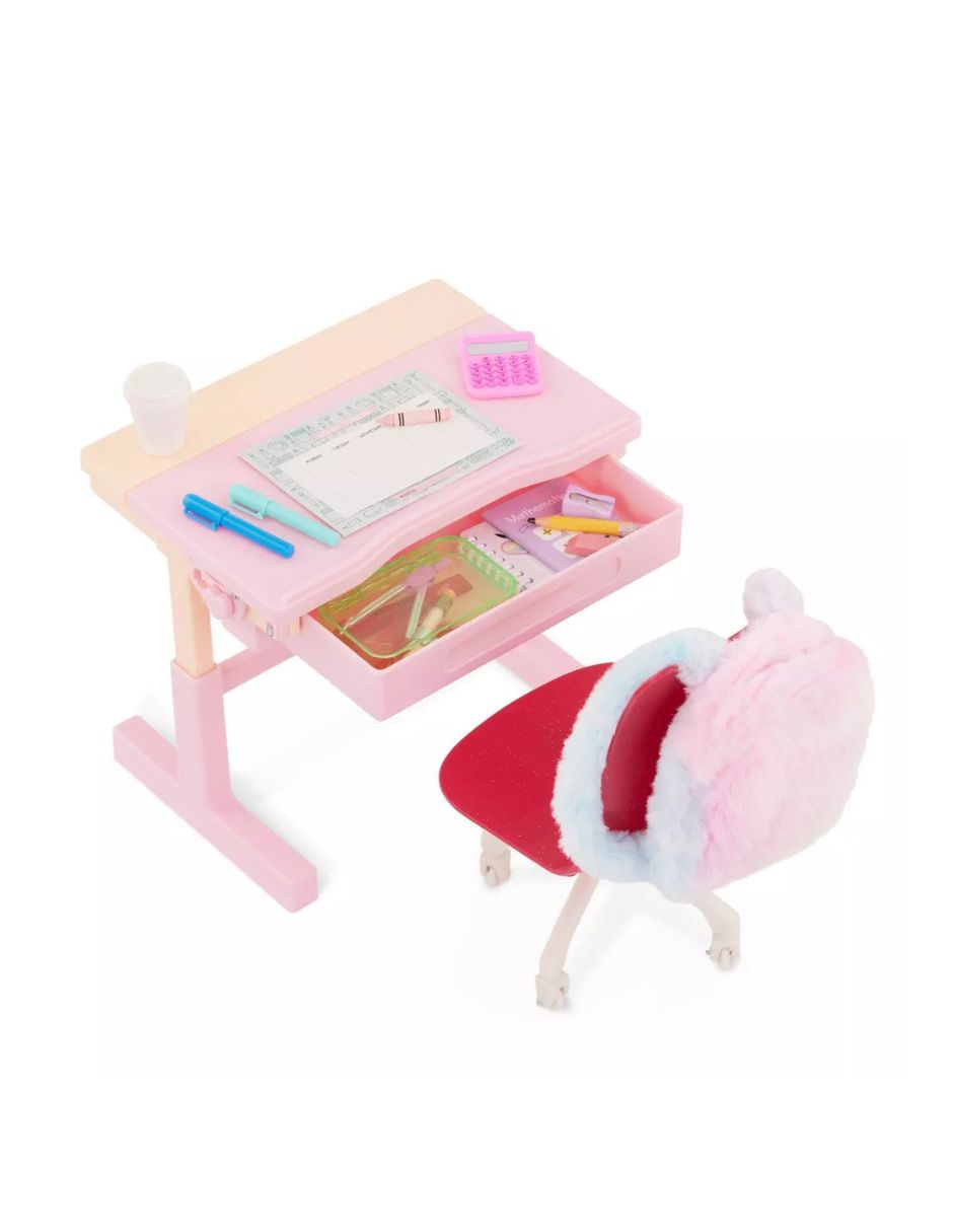 Set escritorio de 30 piezas con luz, accesorios y silla giratoria para muñecas de 45 cm