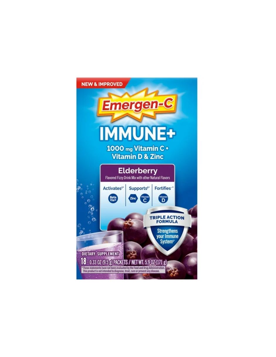 Emergen-C Immune Plus Suplemento de vitamina C en polvo, saúco, 18 unidades