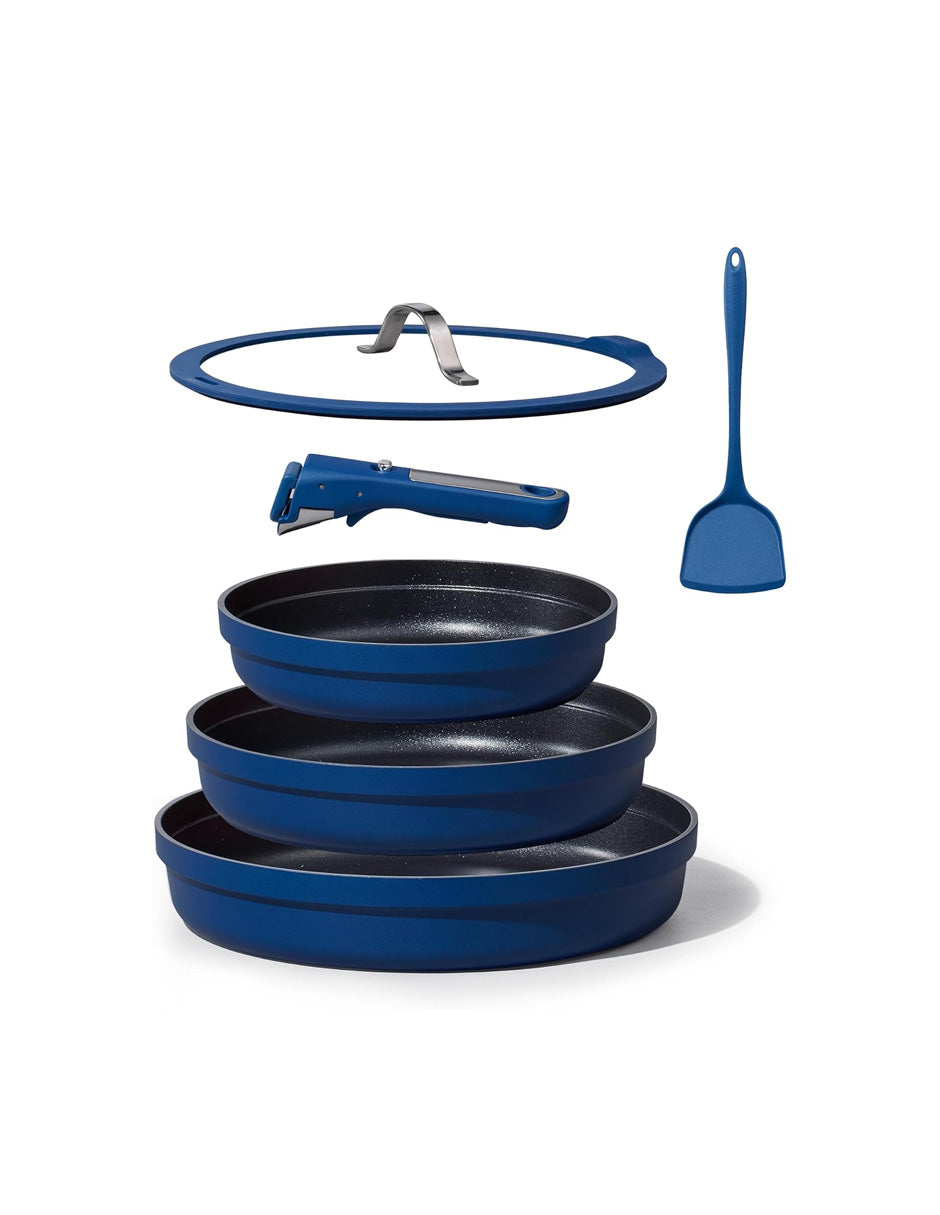 CAROTE Juego de 8 Sartenes Antiadherentes Azul Mango Desmontable