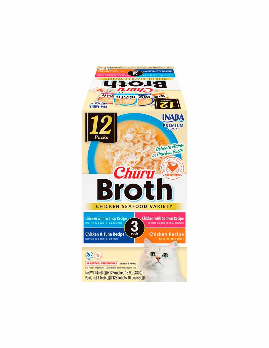 Inaba Churu caldo para gatos sabor pollo y mariscos 12 unidades