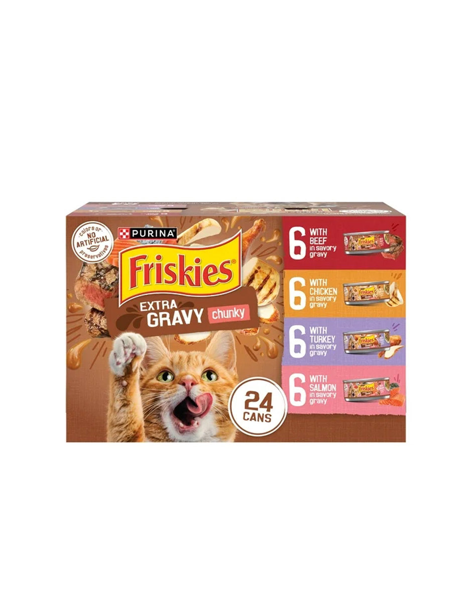 Friskies Alimento húmedo para gatos Extra Gravy con pollo, pavo, salmón y carne de res, 24 unidades