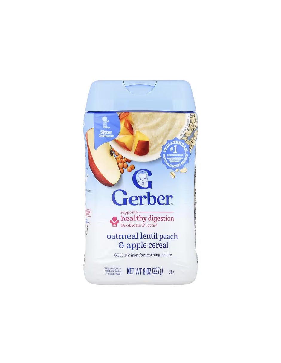 Gerber Cereal Probiótico, etapa 2 cereal avena, lentejas y melocotón 227gr