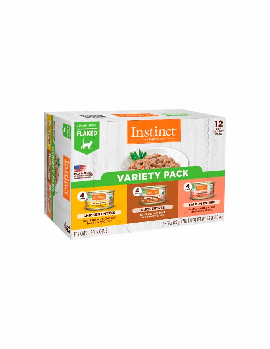 Instinct comida húmeda para gatos en hojuelas 3oz sabor pollo, pato y salmón 12 pack