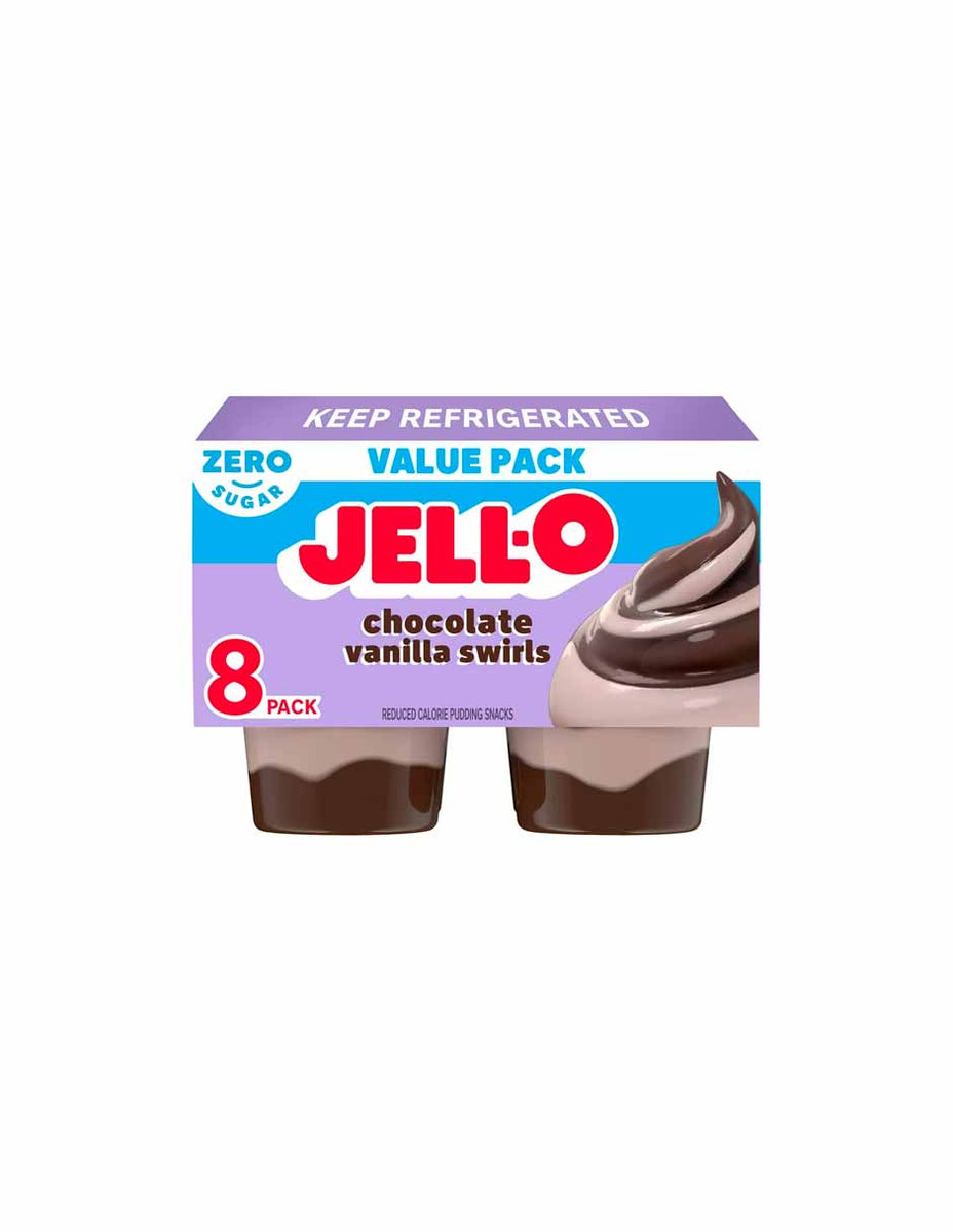 JELLO Pudding Chocolate Vanilla Swirls sin azúcar 8 pack Dulce Alcance