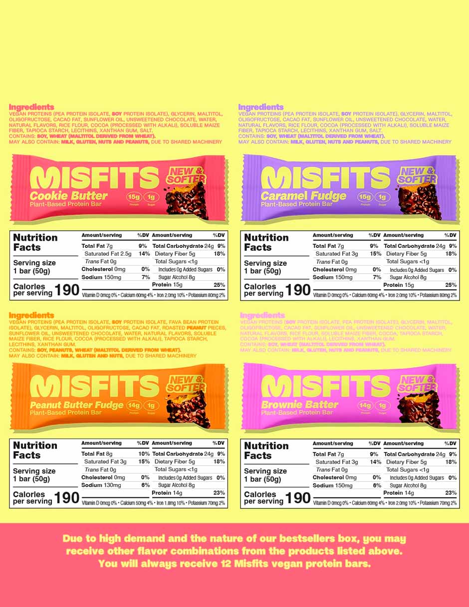 Misfits Barras de proteínas veganas paquete variado de 12 con 4 sabores