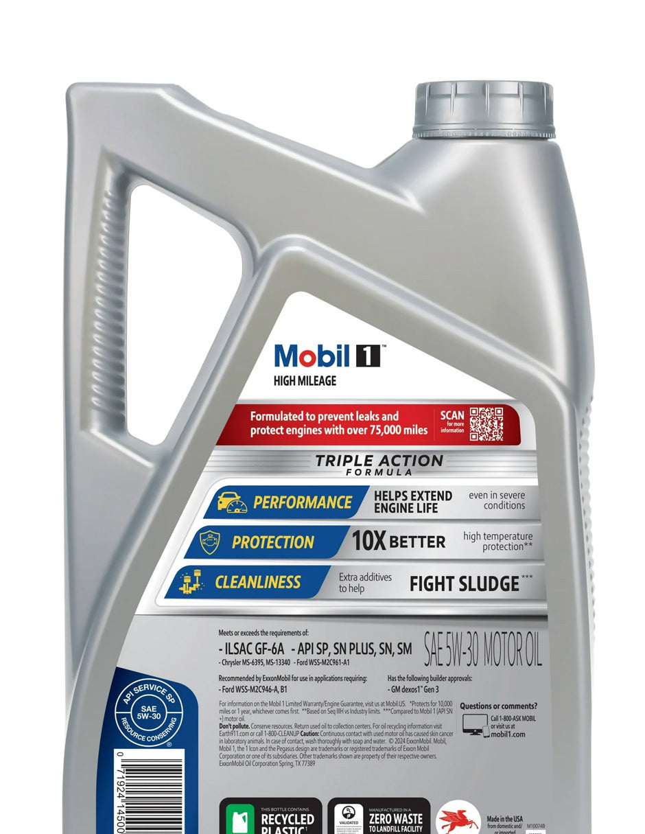 Aceite de motor 5W-30 alto kilometraje sintético Mobil 1, 4.73L