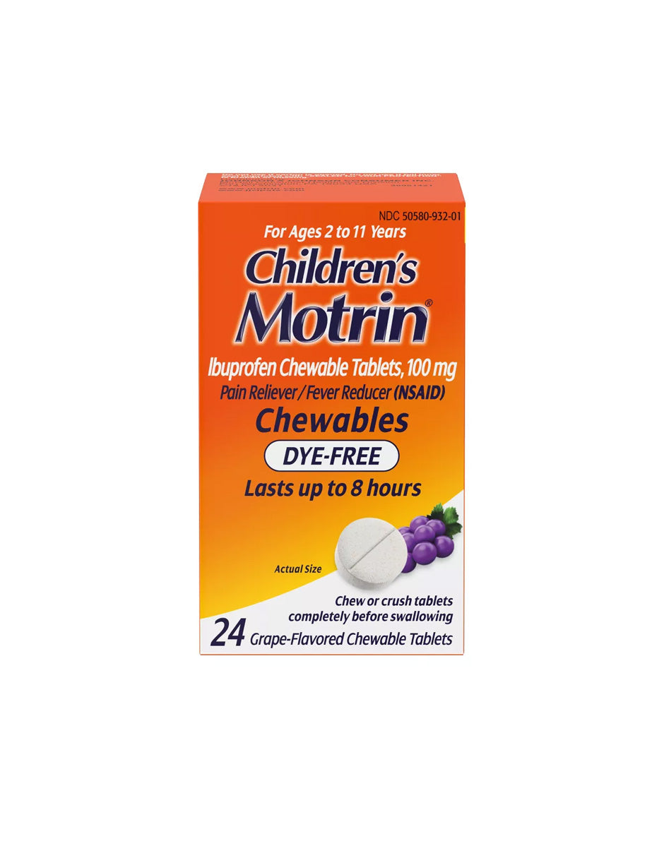 Masticables Ibuprofeno Children's Motrin 24 tabletas, Alivio del Dolor y Fiebre para Niños 2-11 Años