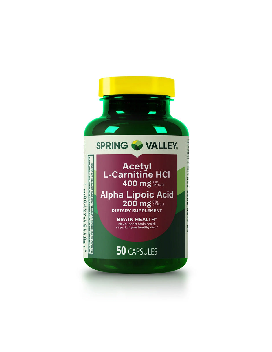 Spring Valley Acetil L-Carnitina HCI 400 mg + Ácido Alfa Lipoico 200 mg Cápsulas, 50 unidades