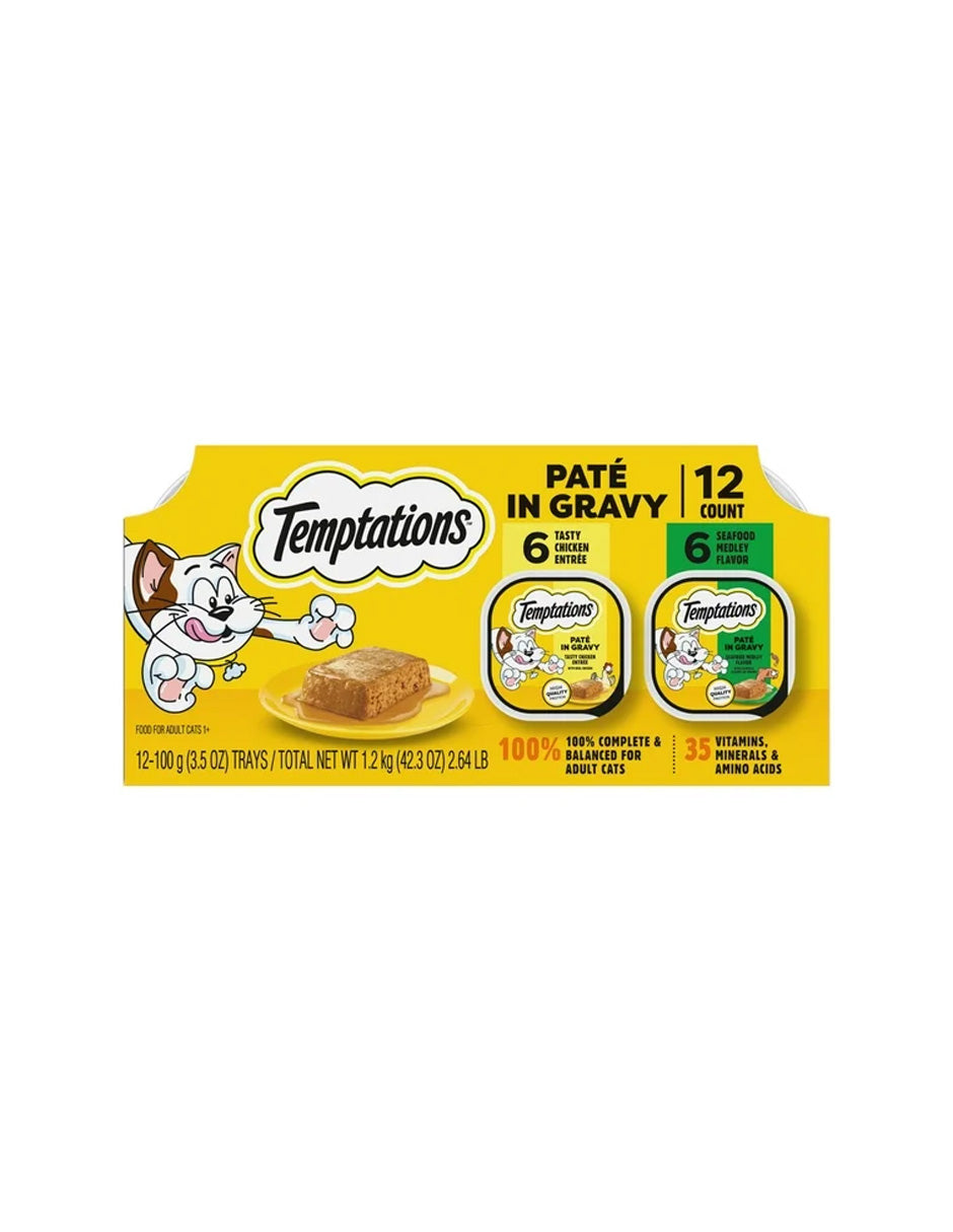 Alimento húmedo para gatos Temptations Paté sabor Pollo y Mariscos 12 Pack