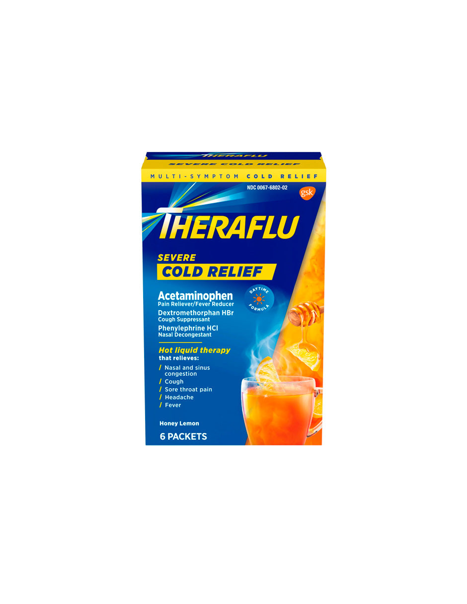 Theraflu Medicina en polvo para aliviar la tos severa, el resfriado y la gripe, té verde y miel y limón, 6 unidades