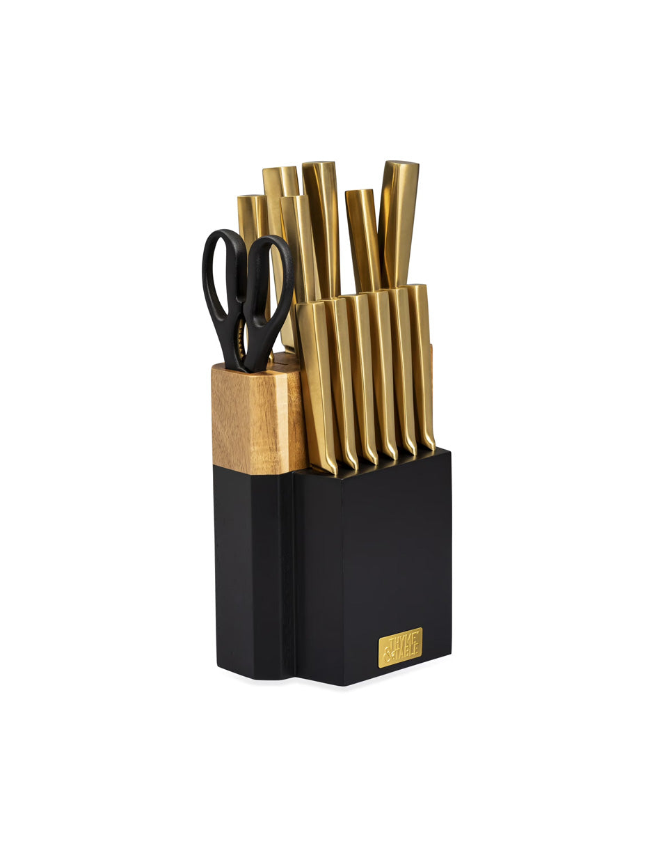 Thyme & Table Juego de Cuchillos 15 Piezas con Afilador color Negro con Dorado