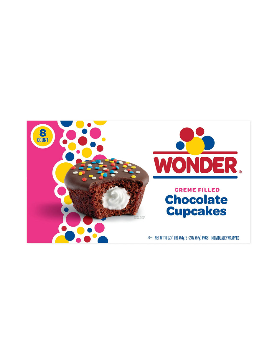 Wonder cupcakes chocolate rellenos de crema envueltos individualmente, 8 unidades