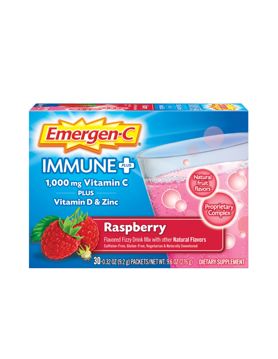 Emergen-C Immune Plus Suplemento de vitamina C en polvo, frambuesa, 30 unidades