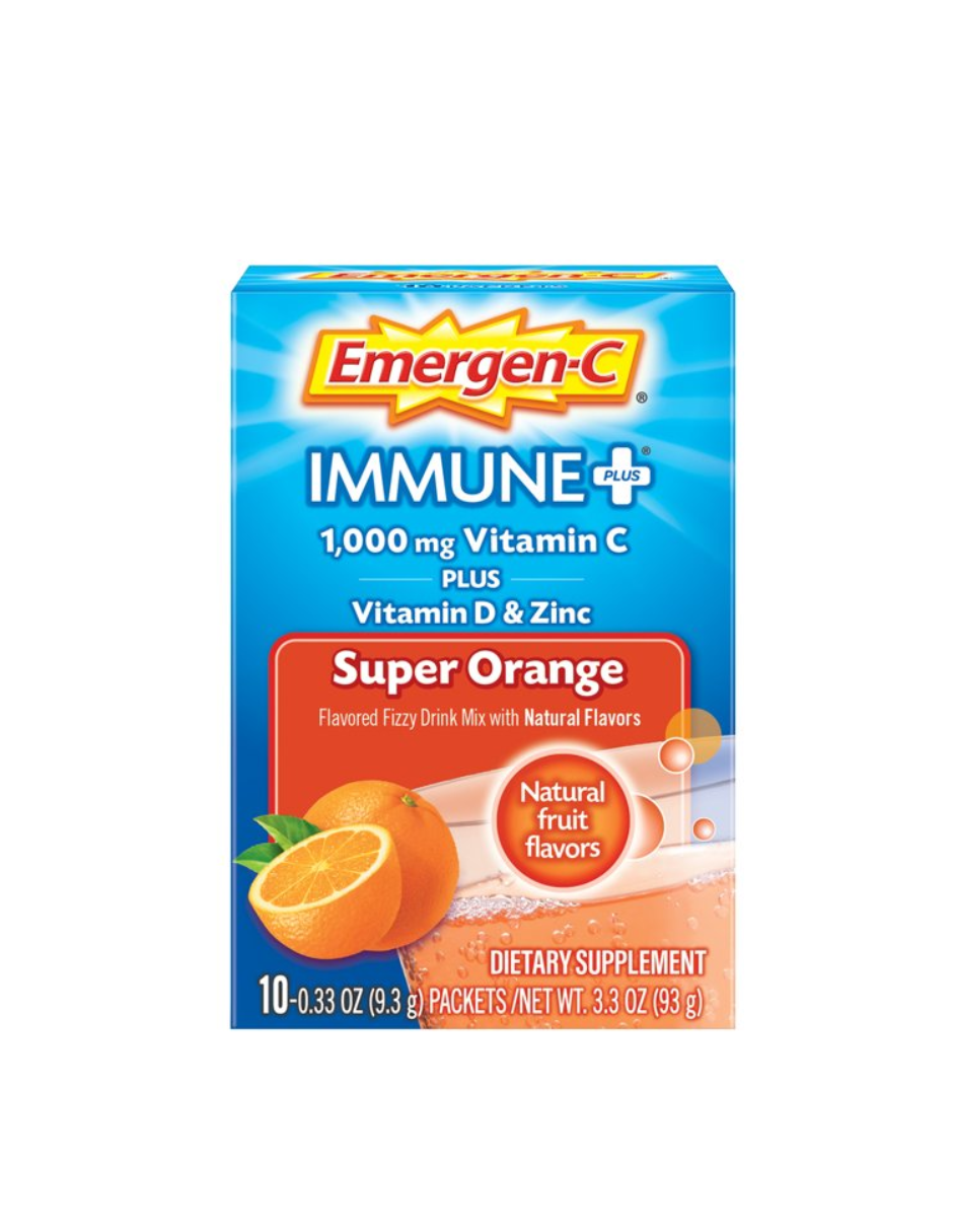 Emergen-C Immune Plus Suplemento de vitamina C para apoyo inmunológico, súper naranja, 10 unidades