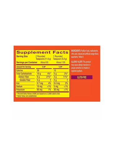 Metamucil Fiber 4 en 1 sin azúcar sabor naranja, 260 porciones 2 pack
