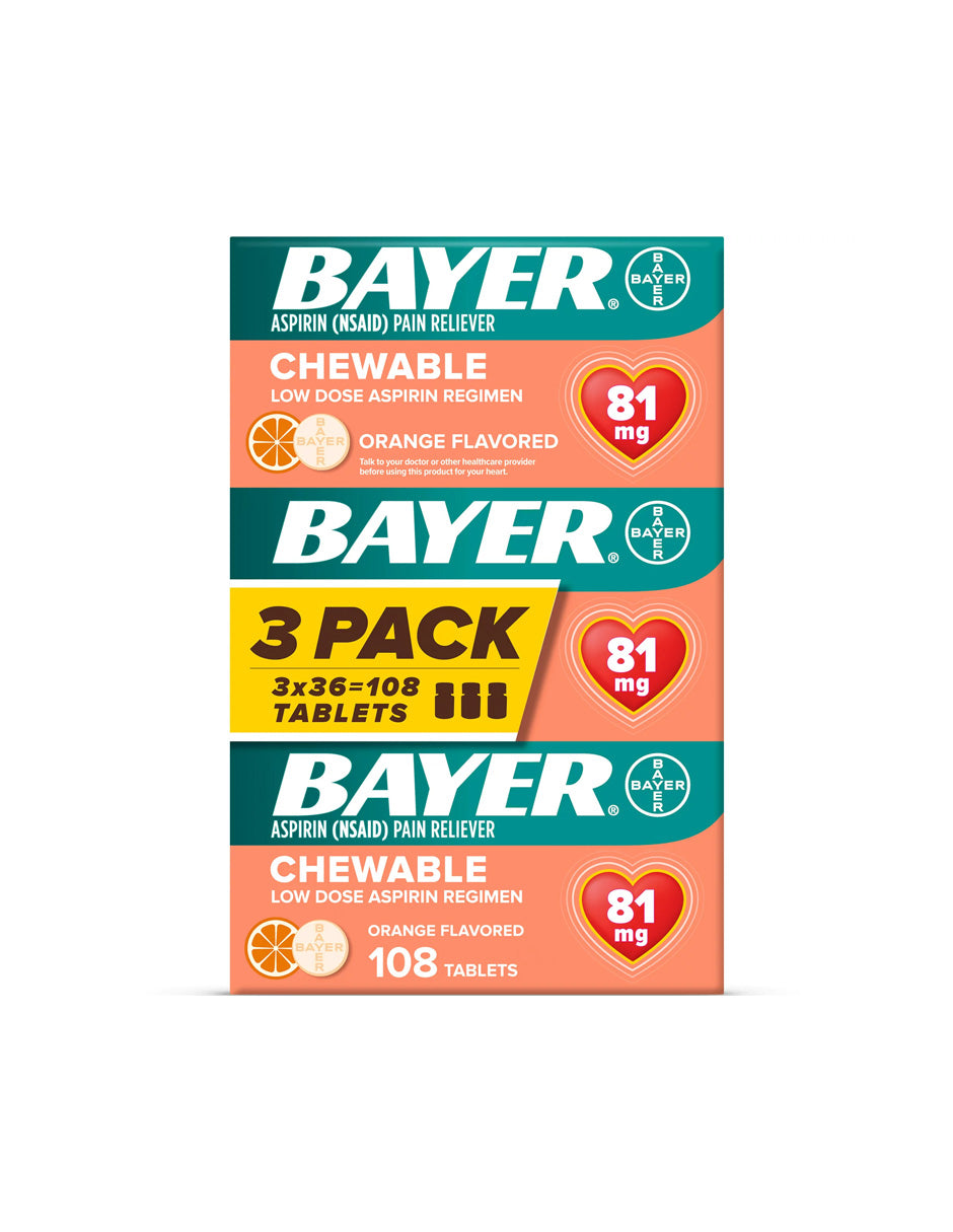Bayer Aspirina masticable, analgésicas de dosis baja, 81 mg, naranja 108 unidades