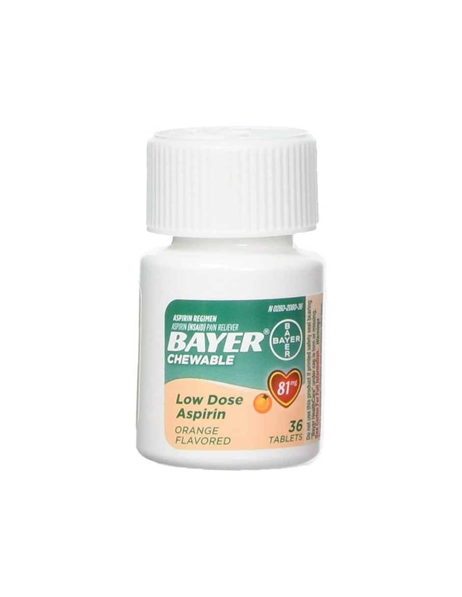 Bayer Aspirina masticable, analgésicas de dosis baja, 81 mg, naranja 108 unidades
