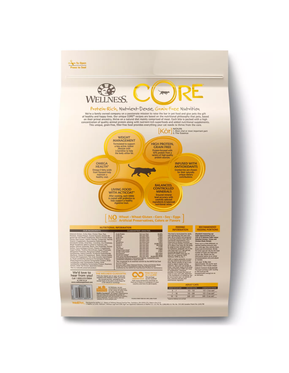 Alimento para gatos adultos Wellness® CORE® de interior: natural, sin cereales, con pollo, pavo y harina de pollo