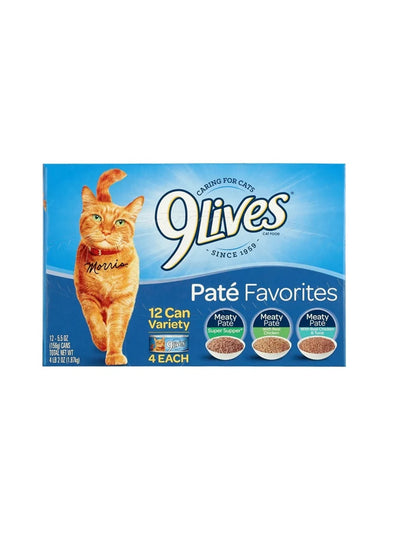 Alimento húmedo para gatos 9Lives en Paté sabores Pollo, Atún 12 Latas de 5.5oz
