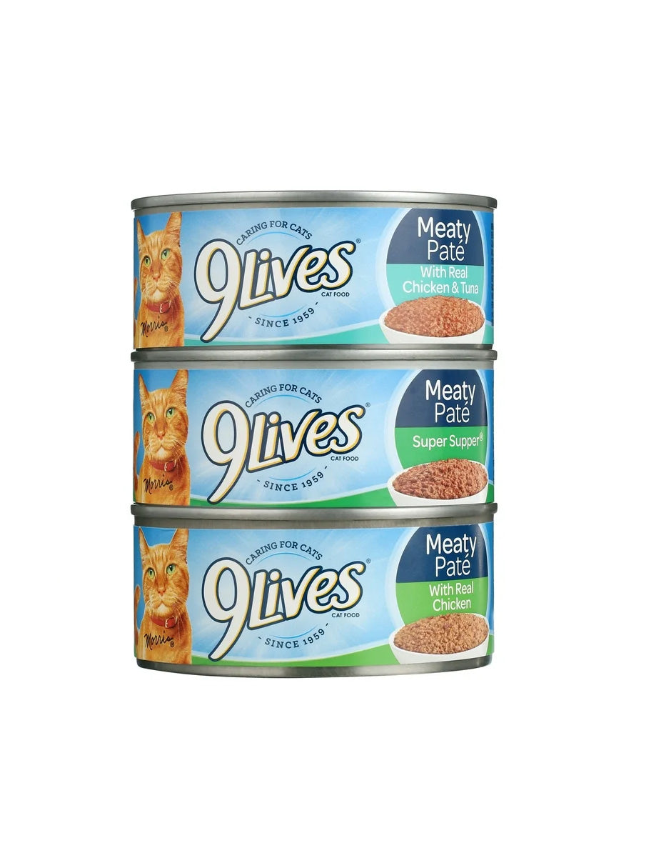 Alimento húmedo para gatos 9Lives en Paté sabores Pollo, Atún 12 Latas de 5.5oz