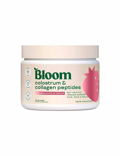 Bloom Nutrition Mezcla de calostro bovino con péptidos de colágeno sabor Fresa con crema 120gr