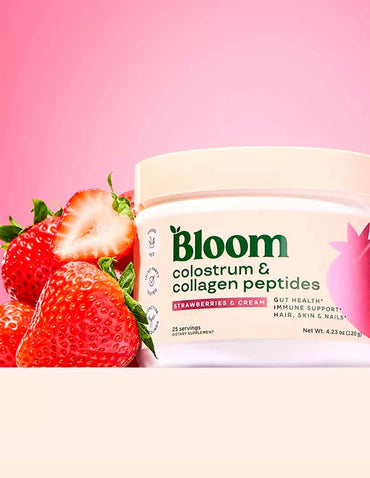 Bloom Nutrition Mezcla de calostro bovino con péptidos de colágeno sabor Fresa con crema 120gr