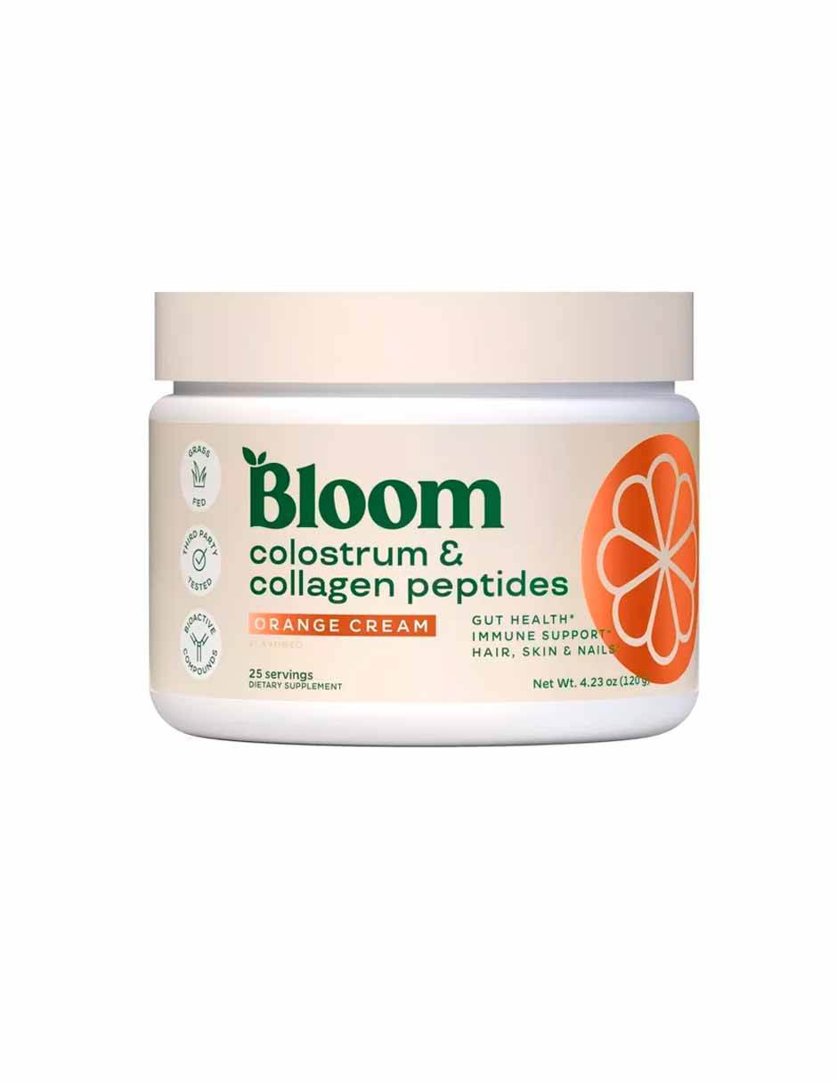 Bloom Nutrition Mezcla de calostro bovino con péptidos de colágeno sabor naranja con crema 120g