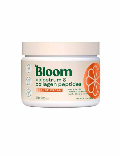 Bloom Nutrition Mezcla de calostro bovino con péptidos de colágeno sabor naranja con crema 120g