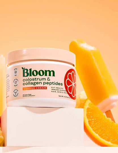 Bloom Nutrition Mezcla de calostro bovino con péptidos de colágeno sabor naranja con crema 120g