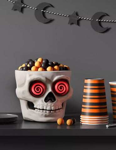 Calavera Halloween con Luz y Sonido + Tazón de Dulces
