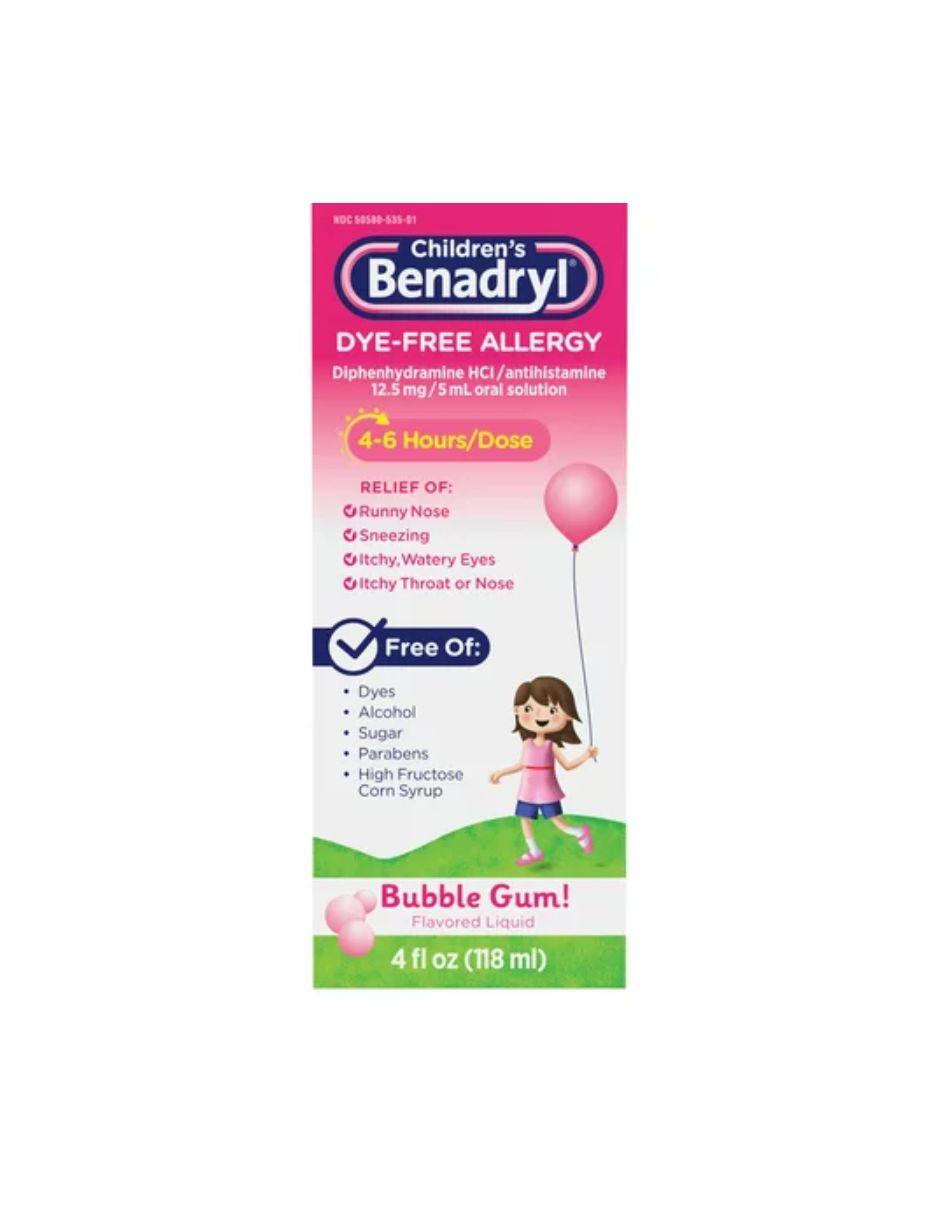 Children's Benadryl Dye alivio de alergia para niños sabor chicle 118ml