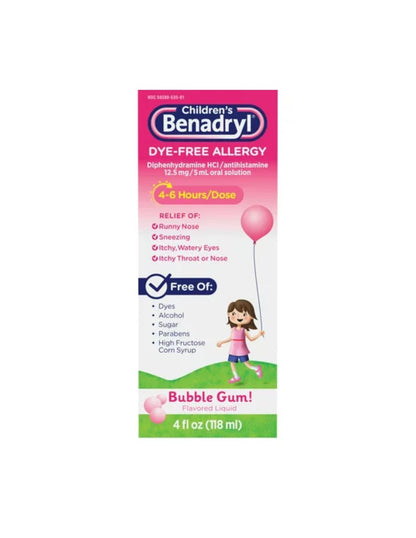 Children's Benadryl Dye alivio de alergia para niños sabor chicle 118ml