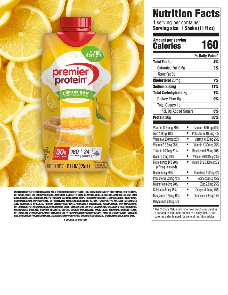 Batido Premier Protein Barra de Limón 4 Pzas 325 ml