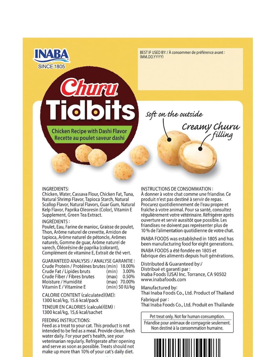 Premios para Gatos INABA Churu Tidbits Pollo Dashi 8 Piezas