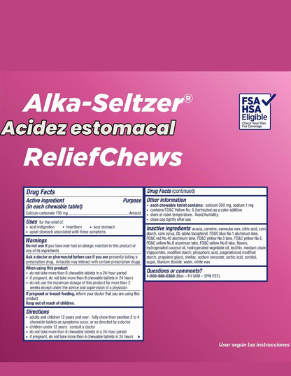 Tabletas masticables Antiácidas Alka-Seltzer Extra Fuerte 200 Piezas
