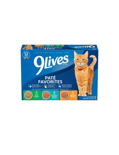 Alimento húmedo para gatos 9Lives en Paté sabores Pollo, Atún 12 Latas de 5.5oz