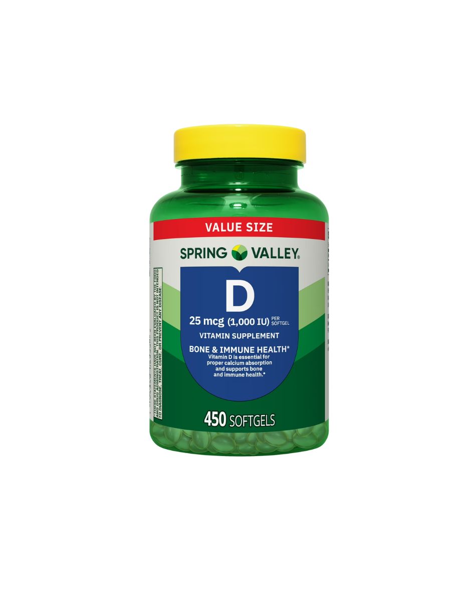Spring Valley Vitamina D3 cápsulas blandas, 25 mcg (1000 UI), 450 unidades