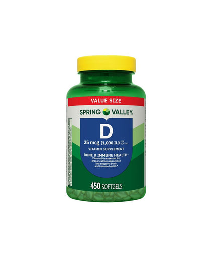 Spring Valley Vitamina D3 cápsulas blandas, 25 mcg (1000 UI), 450 unidades