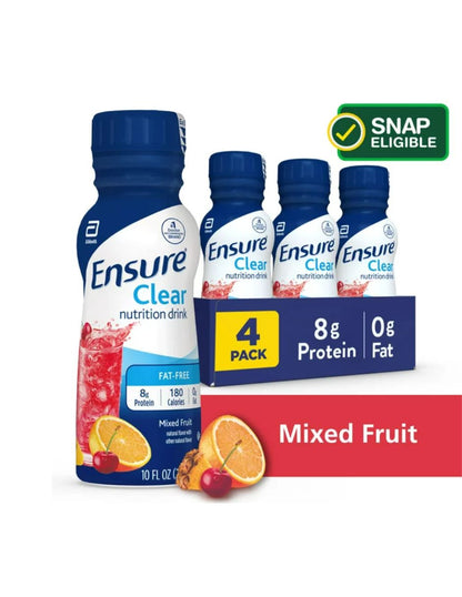 Ensure una bebida nutricional clara, sin grasa con 8 gramos de proteína de alta calidad, frutas mixtas, 4 pack