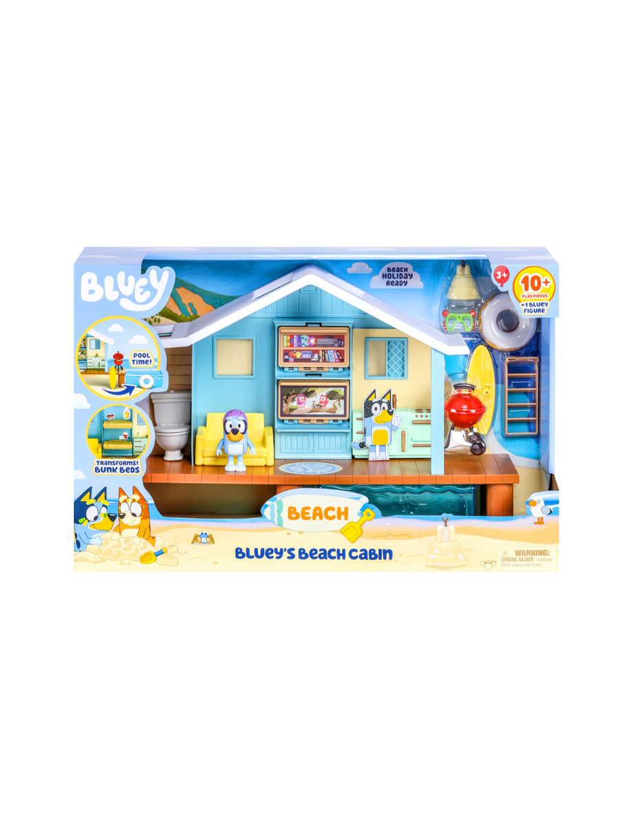 Bluey Juego de aventuras en la cabaña de playa, con figura exclusiva con  gafas. Incluye 10 piezas de juego y hoja de calcomanías