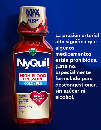 Vicks NyQuil Cold and Flu jarabe para la gripe para personas con presión arterial alta 236ml