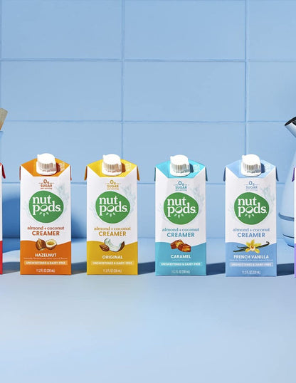 Crema para café nutpods sin azúcar sabores original, vainilla, avellana y caramelo 4 pack