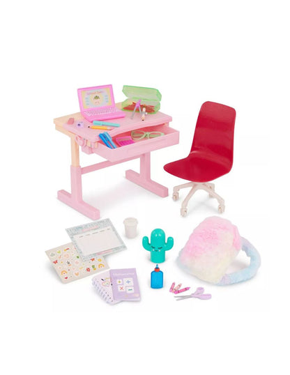 Set escritorio de 30 piezas con luz, accesorios y silla giratoria para muñecas de 45 cm