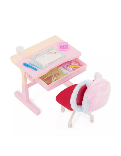 Set escritorio de 30 piezas con luz, accesorios y silla giratoria para muñecas de 45 cm